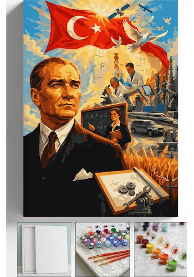 Sayılarla Boyama Seti Numaralı Tuval Fırça Boya Askı Aparatı Dahil Set 40x50 Cm - Atatürk Devrimi