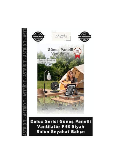 Delux Serisi Güneş Panelli Vantilatör F48 Siyah Salon Seyahat Bahçe