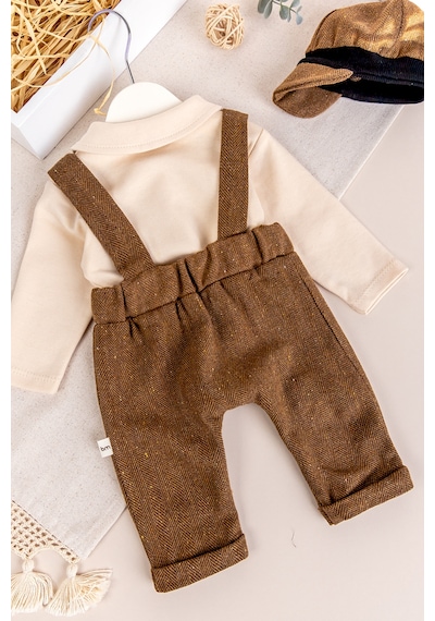 Babymod Papyonlu Kasketli Erkek Bebek Salopet Tulum Set Kahverengi