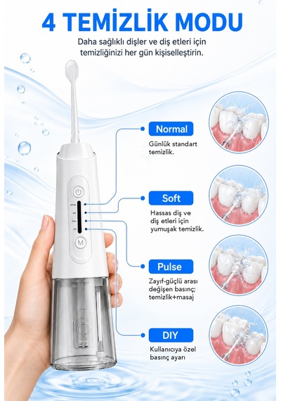 Şarjlı Ağız Duşu - 320ml Su Hazneli 5 Başlık 4 Çalışma Modlu Su Geçirmez Ağız Diş Dil Temizleyici Beyaz