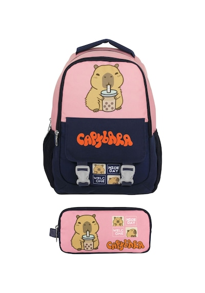 Capybara Kız Çocuk İlkokul Sırt Çantası Ve İki Gözlü Kalemlik Seti - Lacivert - Pembe - Setcpb5203c Çok Renkli