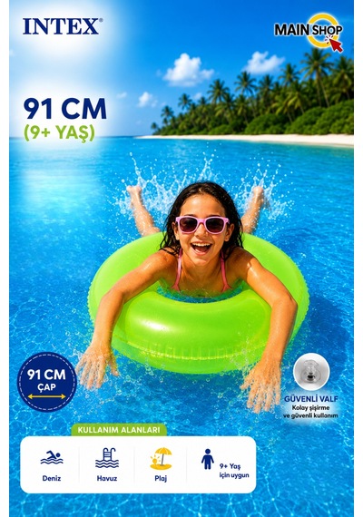 Mainshop Intex Fosforlu Neon Büyük Boy Deniz Simidi 91 Cm 9+ Yaş Yetişkin - Çocuk Havuz Simidi M- 59262
