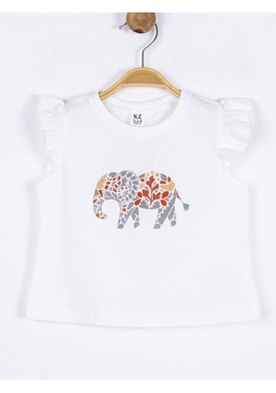 Nk Kids Kız Bebek Pamuklu Taşlı Fil Baskılı Tshirt-15659 Ekru