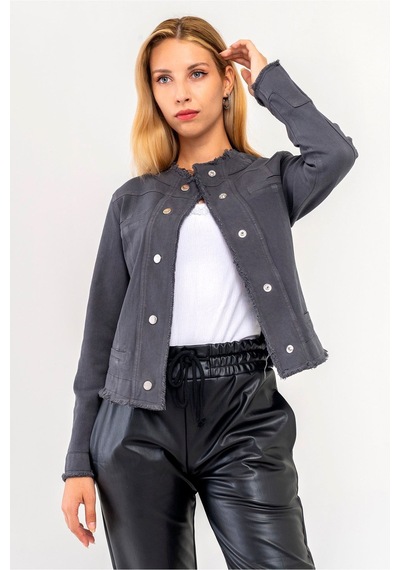 Bold & Young Kadın Yağ Yeşili Power Strech Çıt Çıtlı Slim Fit Denim Ceket Antrasit