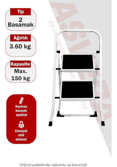 Asvera Space 2 Basamaklı Ev Tipi Metal Merdiven - Katlanır Geniş Kaymaz Mutfak Ve Ev Merdiveni Slim