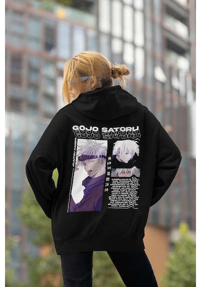 Anime Karakter Gojo Satoru Baskılı Unisex Oversize Jujutsu Kaisen Siyah
