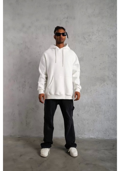 Erkek Düz Kapüşonlu Sweat - Beyaz