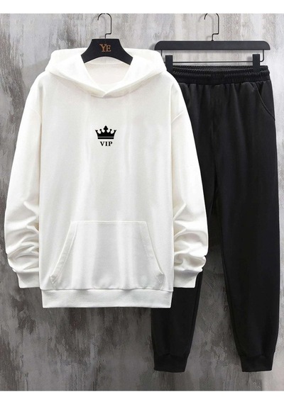 Vip Eşofman Takımı Beyaz Sweatshirt Siyah Jogger - Baskılı Oversize Şardonlu Kapüşonlu Beyaz Siyah Vip Eşofman Takımı Beyaz Sweatshirt Siyah Jogger - Baskılı Oversize Şardonlu Kapüşonlu Beyaz Siyah