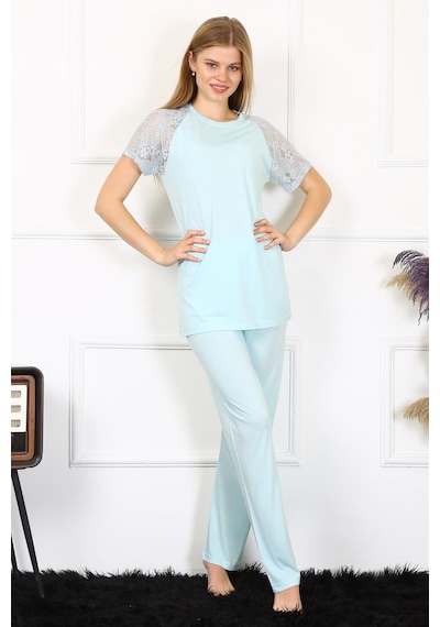 Akbeniz Kadın Kolu Dantelli Penye Pijama Takım 4151 - S Su Yeşili