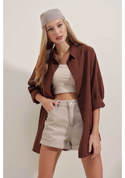 Bigdart Oversize Uzun Basic Kahverengi Kadın Gömlek 3900 Kahverengi