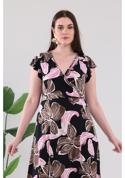 Madwilo Kadın Pembe Floral Desen Fırfır Kol Kruvaze Yaka Büyük Beden Esnek Maxi Elbise