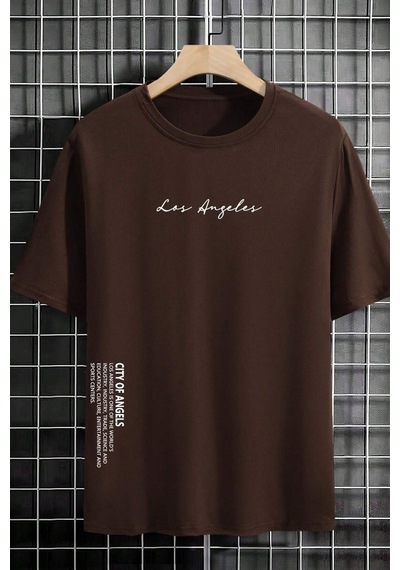 Uyguntarz Erkek Los Angles Baskılı Oversize Tshirt Kahverengi