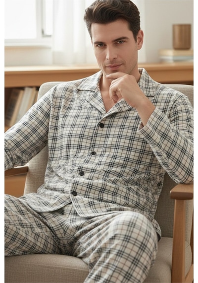 Siyah İnci Erkek Ekoseli %100 Pamuklu Örme Düğmeli Pijama Takım 7985 Gri Ekose