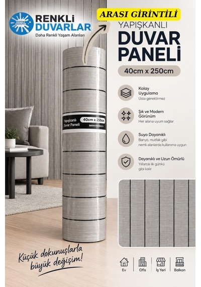 40cmx250cm Açık Gri 3d Girintili Yapışkanlı Sxp Akustik Lambiri Desenli Duvar Paneli Kağıdı Kül