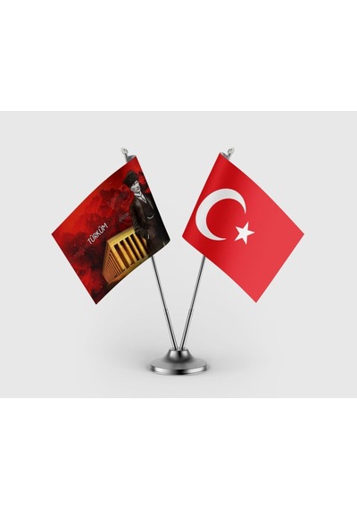 Mustafa Kemal Atatürk Ve Türk Bayrağı İkili Saten Masa Bayrağı Takımı Diğer