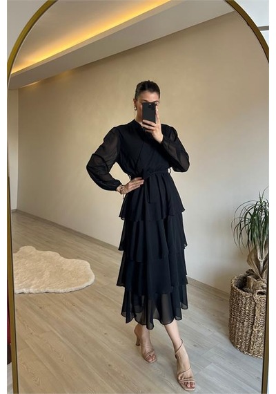 Neşeli Butik Kadın Kat Kat Volanlı Kuşaklı Midi Şifon Elbise Nm004 Siyah