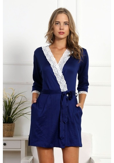 Vienetta Kadın Indigo Dantelli 7/8 Kol Polyester Sabahlık 4209