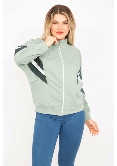 Şans Kadın Pembe 2 İplik Kumaş Ön Fermuar ve Şerit Detaylı Sweatshirt 65n35299-yeşil Yeşil