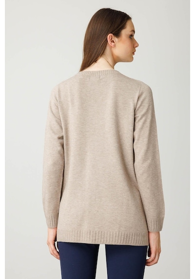 Kadın Sıfır Yaka Önü Çizgili Örgü Kazak Vizon Vizon