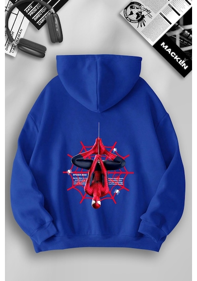 Macklin Unisex Kadın Erkek Marvel Spiderman Ön Ve Arka Baskılı Özel Tasarım Kapşonlu Sweatshirt Mavi Mck1203 Mavi