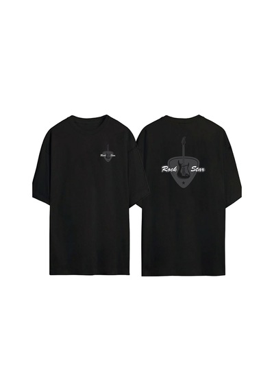 Thewert Unisex Rock Star Bas Gitar Rock Müzik İllüstrasyon Ön Arka Baskılı Sıyah Oversize T-shirt Siyah