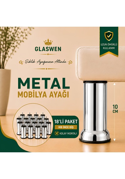 18 Adet Metal Destek Ayağı 10 Cm Krom Mobilya Kanepe Baza Koltuk Ünite Ayakları Metrik 8 Civatalı İnce Diş