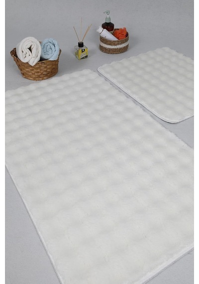 Modern Bubble Yıkanabilir Kaymaz Peluş Banyo Paspası Halısı 2'li Klozet Takımı 50x80-50x40cm Krem Diğer
