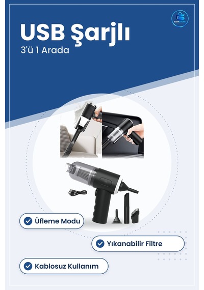 El Tipi Süpürge Mini Usb Şarjlı 3'ü 1 Arada Araç İçi Ev Temizliği