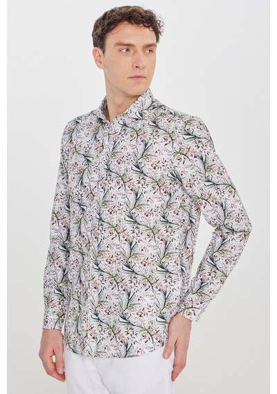 Erkek Beyaz Yesıl %100 Pamuk Slim Fit Dar Kesim Büyük İtalyan Yaka Baskılı Gömlek Beyaz - Yeşil
