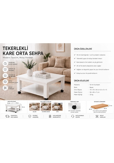 Tekerlekli Orta Sehpa Beyaz - Beyaz