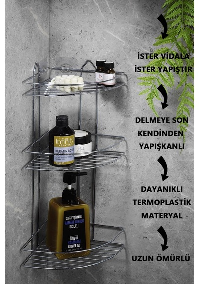 3 Katlı Krom Yapışkanlı Banyo Köşeliği Düzenleyici, Şampuanlık, Paslanmaz  Metal Köşelik Duş Rafı - EK-03