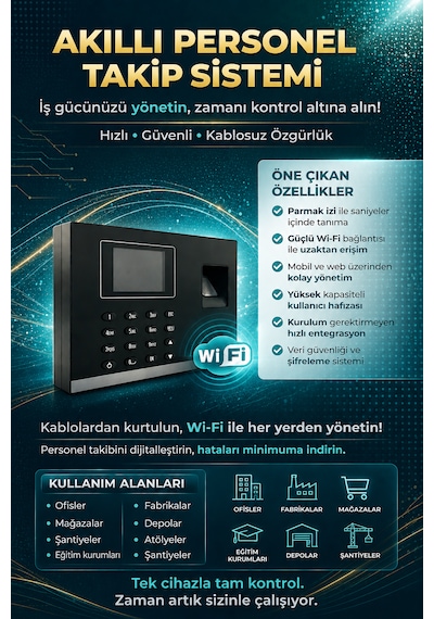 Kablosuz Wifi Parmak İzi Kartlı Okuyucu Personel Takip -maaş Puantaj Giriş Çıkış Yazılımı (25 KART DAHİL)