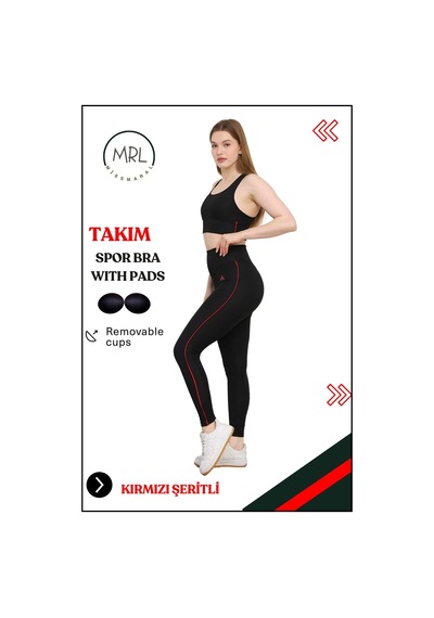 Missmaral Kadın Spor Takım Yüksek Bel Tayt Pedli Büstiyer Sport Team High Waist Padded Bustier Black 3048 Siyah Kırmızı