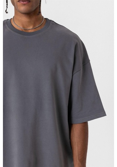 Vamos Basic Oversize Bisiklet Yaka Tişört Füme