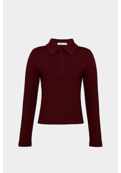 Açelyaokcu Premium Polo Yaka Vatka Detaylı Pamuklu Fit Tişört Bordo