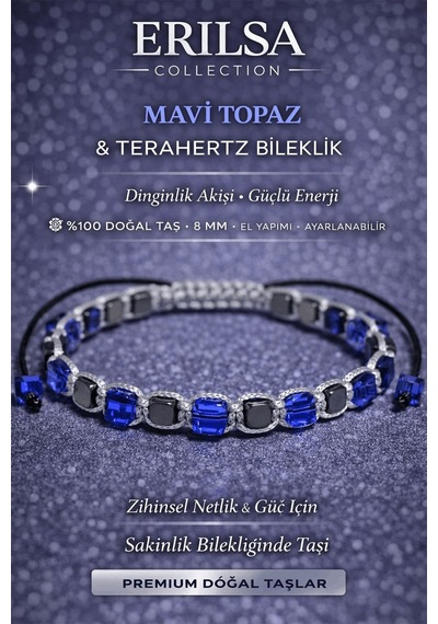 Sertifikalı Mavi Topaz Bileklik - 8 Mm Küp Kesim Terahertz Doğal Çok Renkli