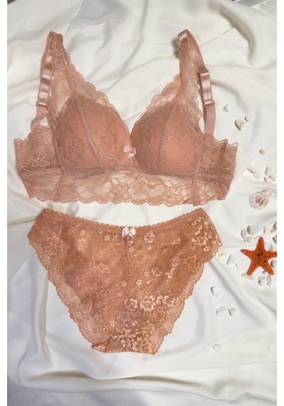 Kadın Üçgen Dantel Bralet Desteksiz Sütyen Takım Pudra