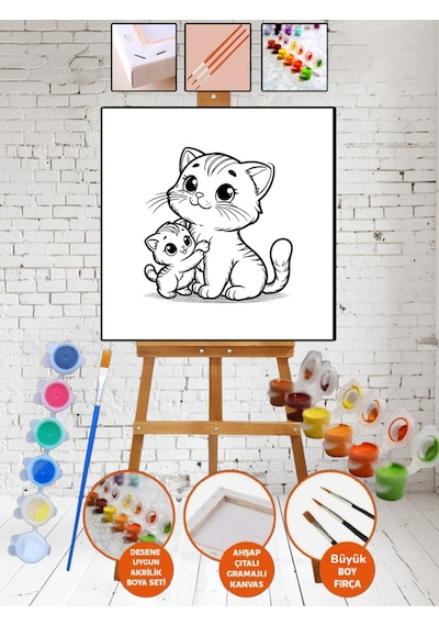 Sayılarla Kanvas Kedi Yavru Boyama 20x20 Tuval Fırça Etkinlik Ve Hobi Çocuk Seti