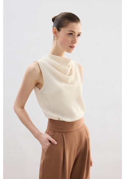 Sateen Degaje Yaka Bluz - Taş-136755 Taş