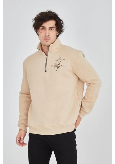 Erkek Yarım Fermuarlı Baskılı 3 İplik Pamuklu Sweatshirt - Bej Bej
