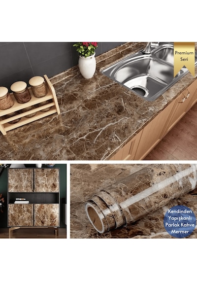 Technosmart 60x100cm Mermer Desen Kendinden Yapışkanlı Duvar Kağıdı Kaplama Mutfak Tezgeh Masa Folyo Kahverengi