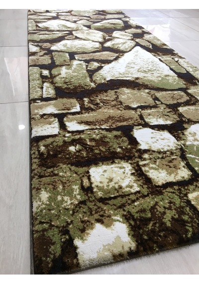 Saray Halı Doğadan 10859 J1 80X200 Yeşil Kahve Taş Desenli Halı !