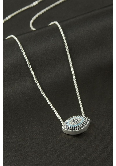 Oval Zirkon Taşlı Kolye - Gümüş Rengi N145