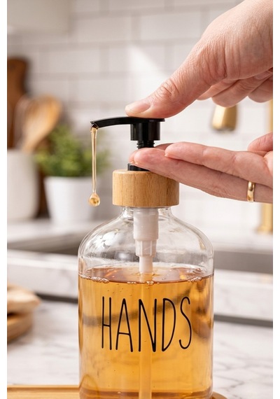 Buççin Online Mağaza Bambu Altlıklı Bambu Kapaklı İkili Cam Sıvı Sabunluk & Deterjanlık Seti 2 500 Ml- 16,5 X 9 X 21 Cm Çok Renkli
