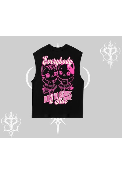 Tarzsokak Born To Be A Star Yazılı Sevimli Kedi Arka Baskılı Kolsuz Tshirt Siyah
