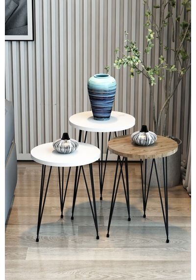 3'lü Zigon Sehpa Yuvarlak Model Zigon Sehpa Metal Tel Ayak 2beyaz1ceviz