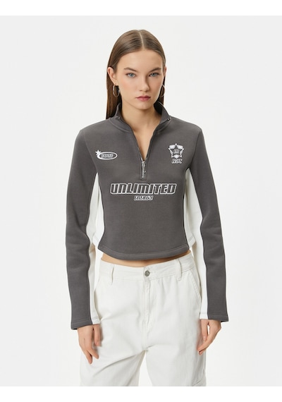 Koton Yarım Fermuarlı Sweatshirt Crop Dik Yaka Renk Bloklu Gri 4sal10520ık Gri