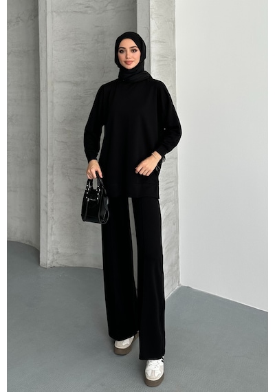 Feela Moda Kadın Modal Penye Oversize Tesettür Tunik Takım 2020 Siyah