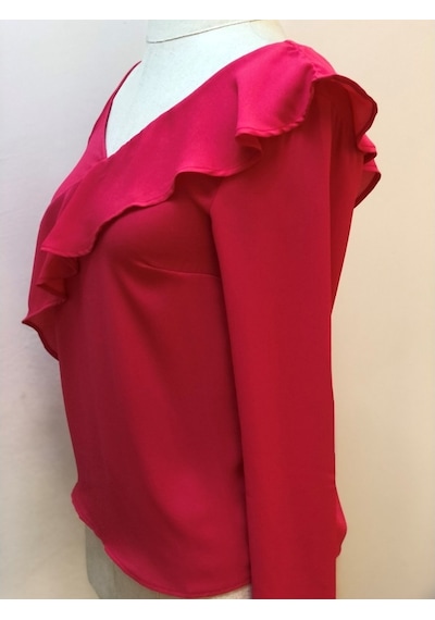 Neon Pembe Bluz Omuz Ve Fırfır Detaylı Tek Kol