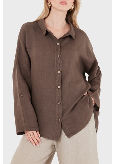 Via Dante % 100 Keten Oversize Yarı Transparan Gömlek Bayan Gömlek 7697 Kahve